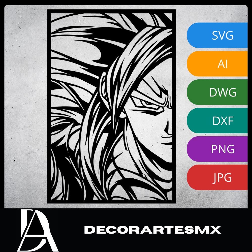 Laser Cut Anime Wall Art Decor – Gogeta SSJ4 | Flow-Line Art Black Frame | SVG AI DXF dwg Files