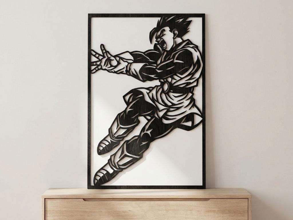 Laser Cut Anime Wall Art Decor – Gohan Great Saiyaman | Flow-Line Art Black Frame | SVG AI DXF dwg Files