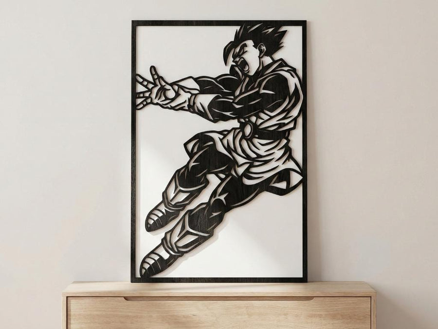 Arte Decorativo de Pared Anime para Corte Láser – Gohan Gran Saiyaman | Flow-Line Art con Marco Negro | Archivos SVG AI DXF DWG PNG JPG