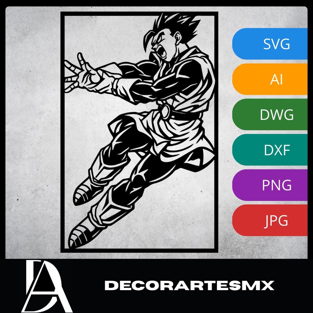 Laser Cut Anime Wall Art Decor – Gohan Great Saiyaman | Flow-Line Art Black Frame | SVG AI DXF dwg Files