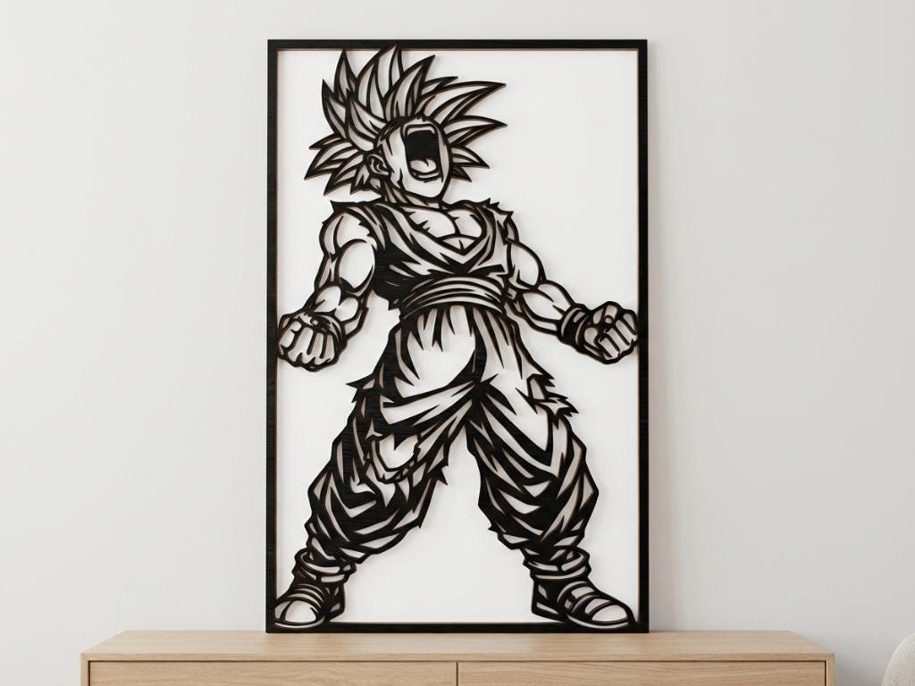 Laser Cut Anime Wall Art Decor – Gohan SSJ1 | Flow-Line Art Black Frame | SVG AI DXF dwg Files