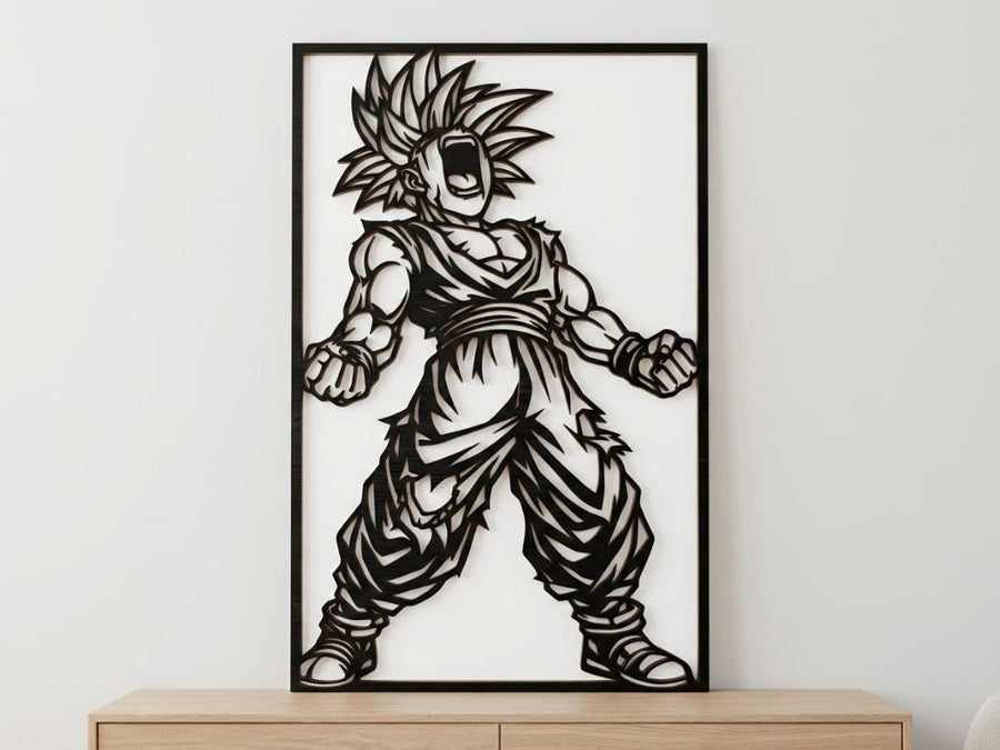 Arte Decorativo de Pared Anime para Corte Láser – Gohan SSJ1 | Flow-Line Art con Marco Negro | Archivos SVG AI DXF DWG PNG JPG