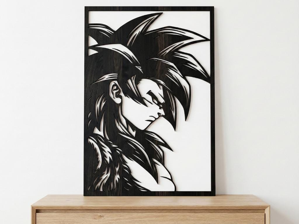 Laser Cut Anime Wall Art Decor – Goku SSJ4 | Flow-Line Art Black Frame | SVG AI DXF dwg Files