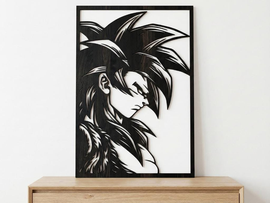 Arte Decorativo de Pared Anime para Corte Láser – Goku SSJ4 | Flow-Line Art con Marco Negro | Archivos SVG AI DXF DWG PNG JPG