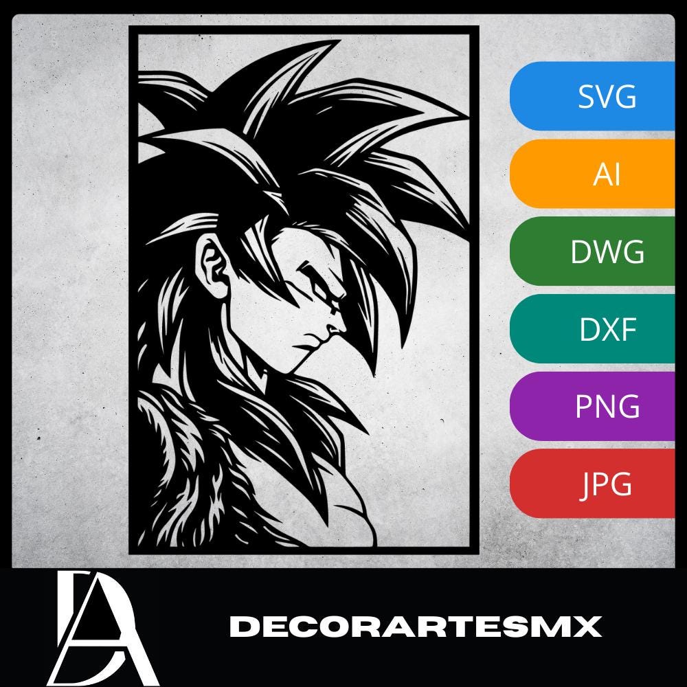 Laser Cut Anime Wall Art Decor – Goku SSJ4 | Flow-Line Art Black Frame | SVG AI DXF dwg Files