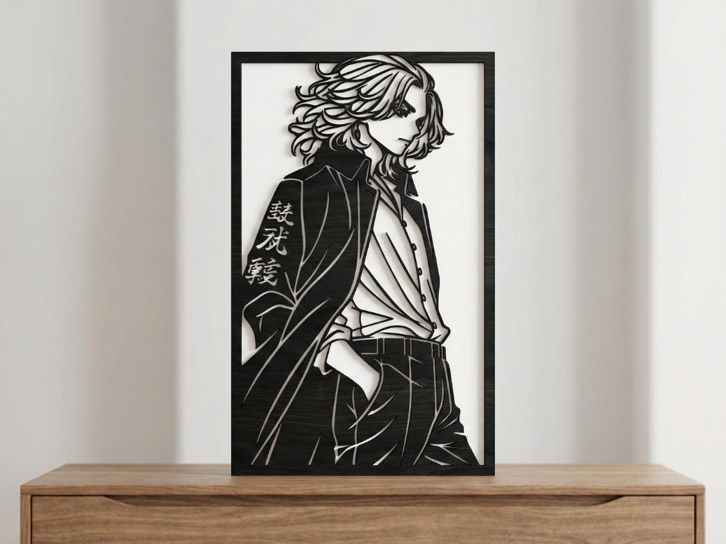 Laser Cut Anime Wall Art Decor – Manjiro Sano | Flow-Line Art Black Frame | SVG AI DXF dwg Files