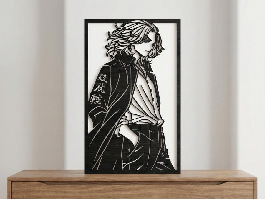 Arte Decorativo de Pared Anime para Corte Láser – Manjiro Sano | Flow-Line Art con Marco Negro | Archivos SVG AI DXF DWG PNG JPG