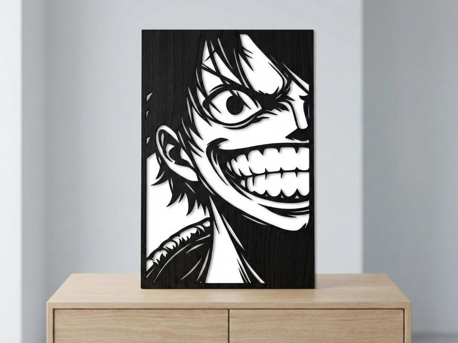 Arte Decorativo de Pared Anime para Corte Láser – Monkey D Luffy 2 | Flow-Line Art con Marco Negro | Archivos SVG AI DXF DWG PNG JPG