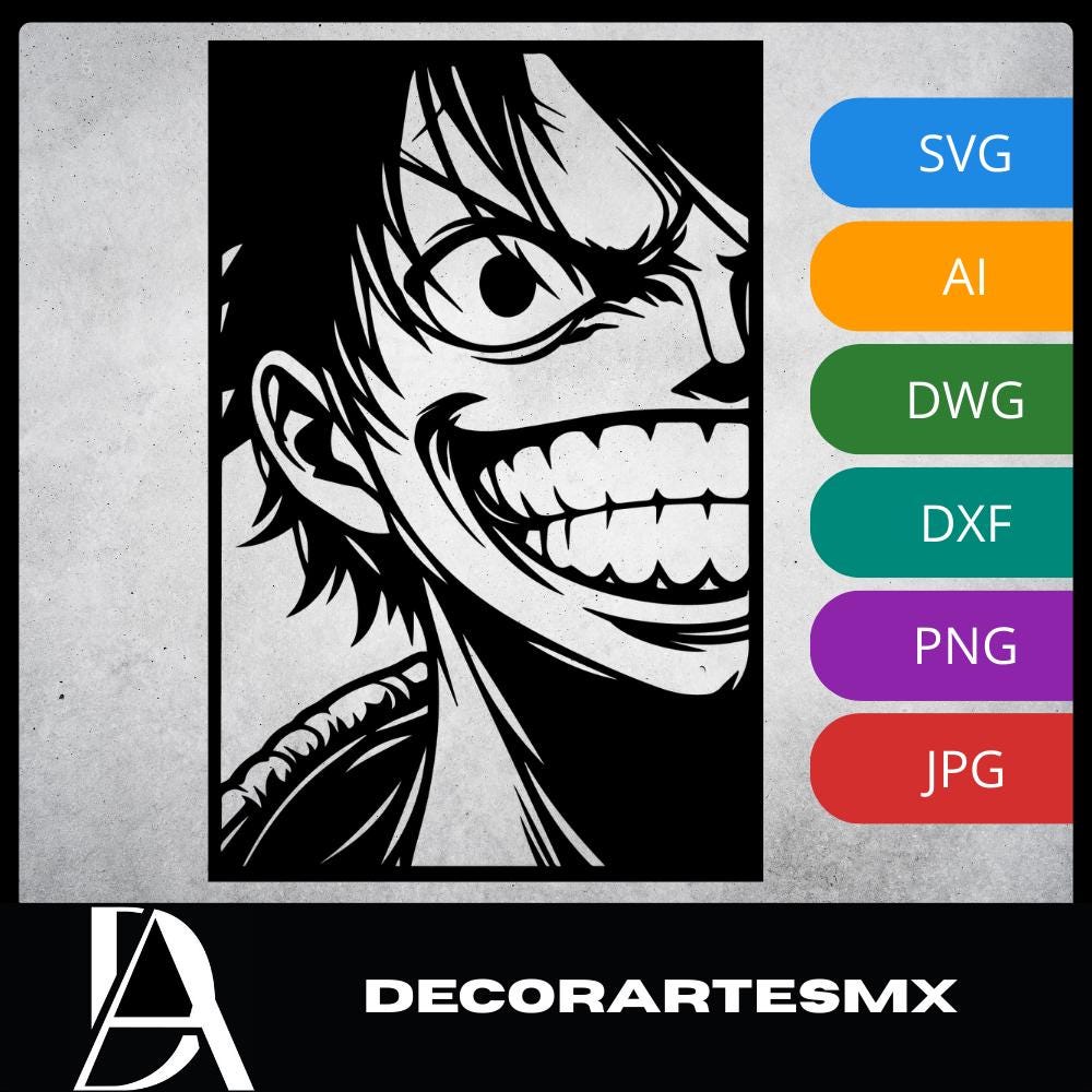 Laser Cut Anime Wall Art Decor – Monkey D Luffy 2 | Flow-Line Art Black Frame | SVG AI DXF dwg Files