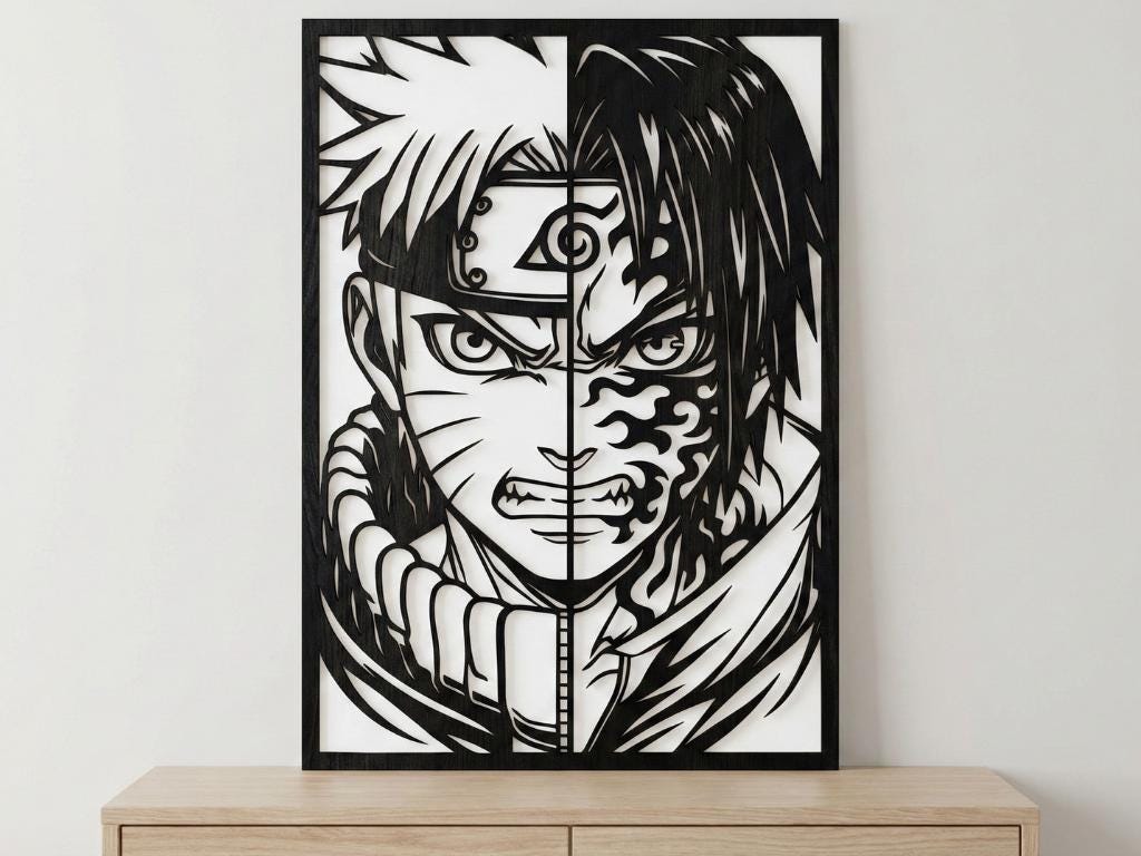 Laser Cut Anime Wall Art Decor – Naruto and Sasuke 2 | Flow-Line Art Black Frame | SVG AI DXF dwg Files