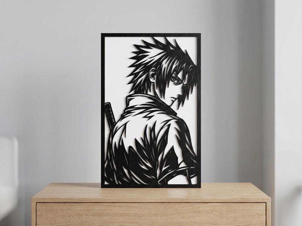 Laser Cut Anime Wall Art Decor – Sasuke Uchiha | Flow-Line Art Black Frame | SVG AI DXF dwg Files