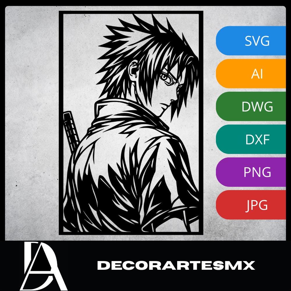 Laser Cut Anime Wall Art Decor – Sasuke Uchiha | Flow-Line Art Black Frame | SVG AI DXF dwg Files