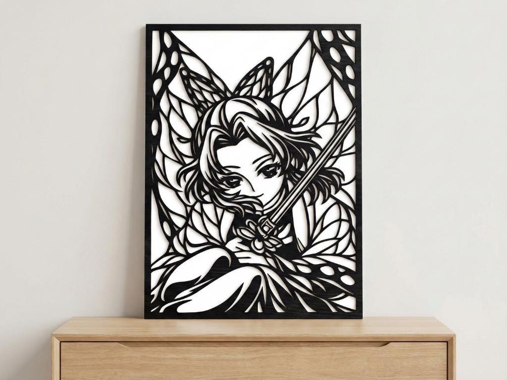 Laser Cut Anime Wall Art Decor – Shinobu Kocho | Flow-Line Art Black Frame | SVG AI DXF dwg Files