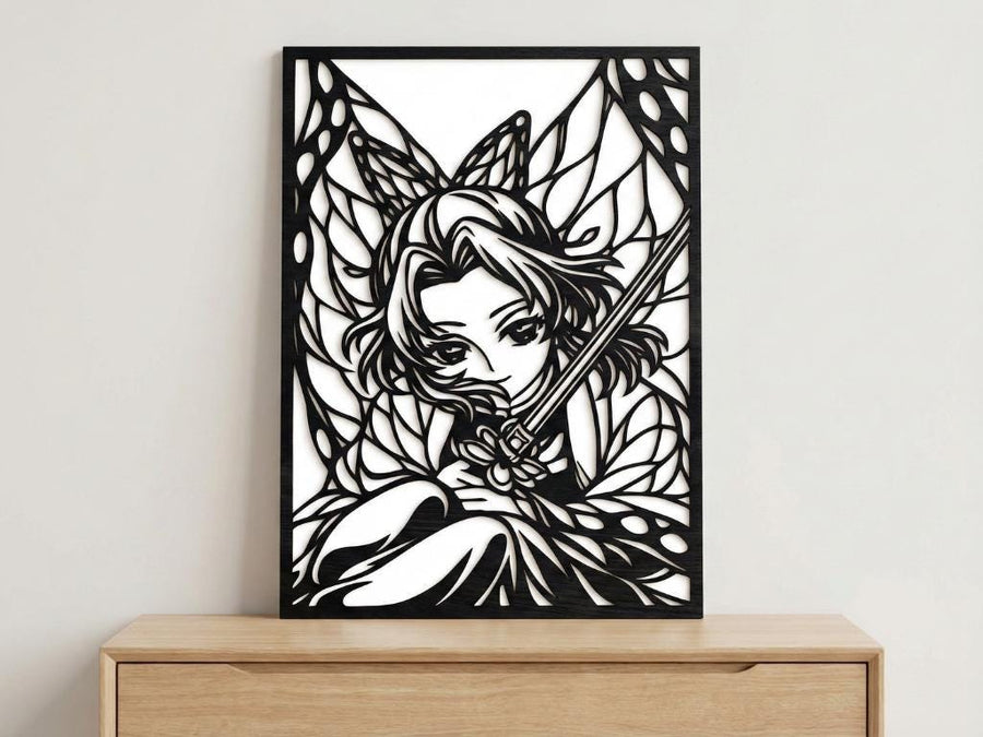 Arte Decorativo de Pared Anime para Corte Láser – Shinobu Kocho | Flow-Line Art con Marco Negro | Archivos SVG AI DXF DWG PNG JPG