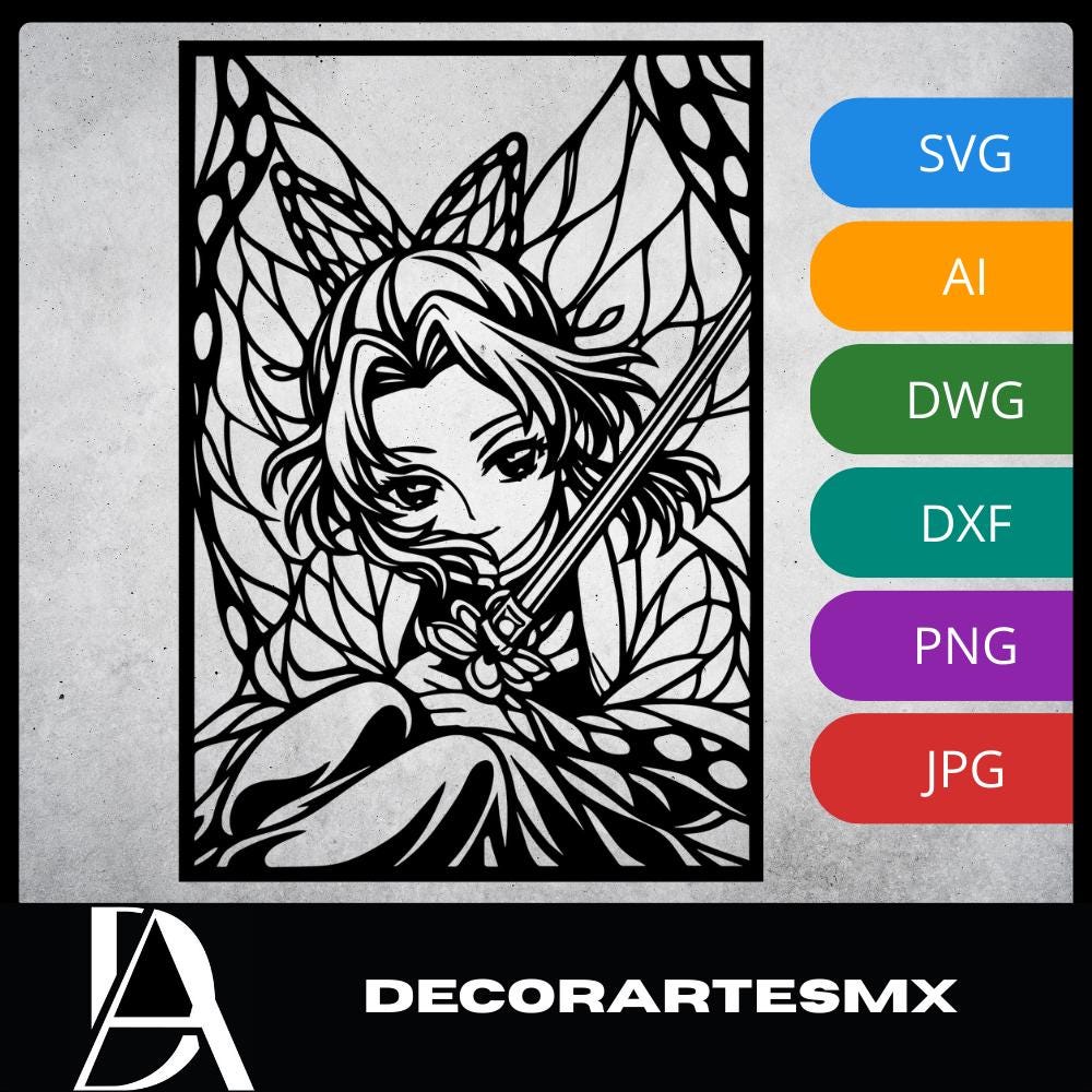 Laser Cut Anime Wall Art Decor – Shinobu Kocho | Flow-Line Art Black Frame | SVG AI DXF dwg Files