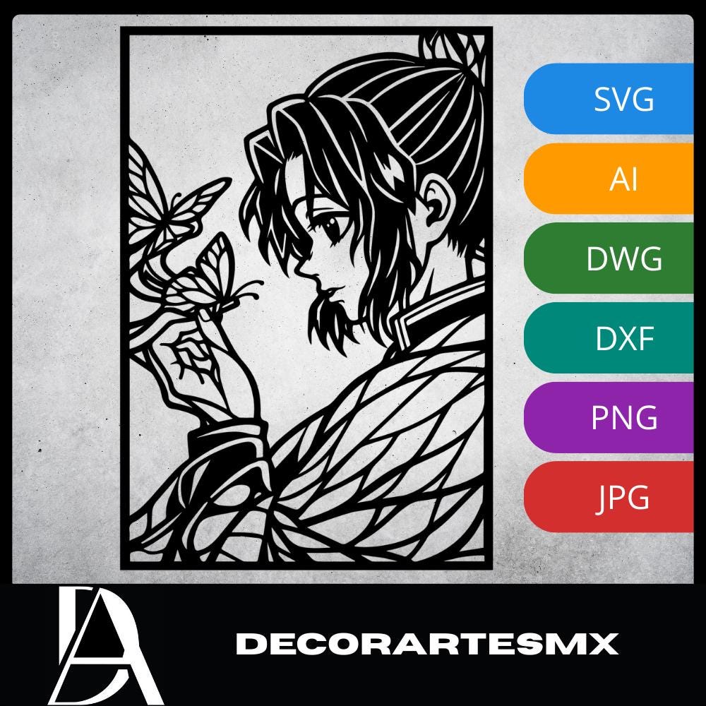 Laser Cut Anime Wall Art Decor – Shinobu Kocho 2| Flow-Line Art Black Frame | SVG AI DXF dwg Files