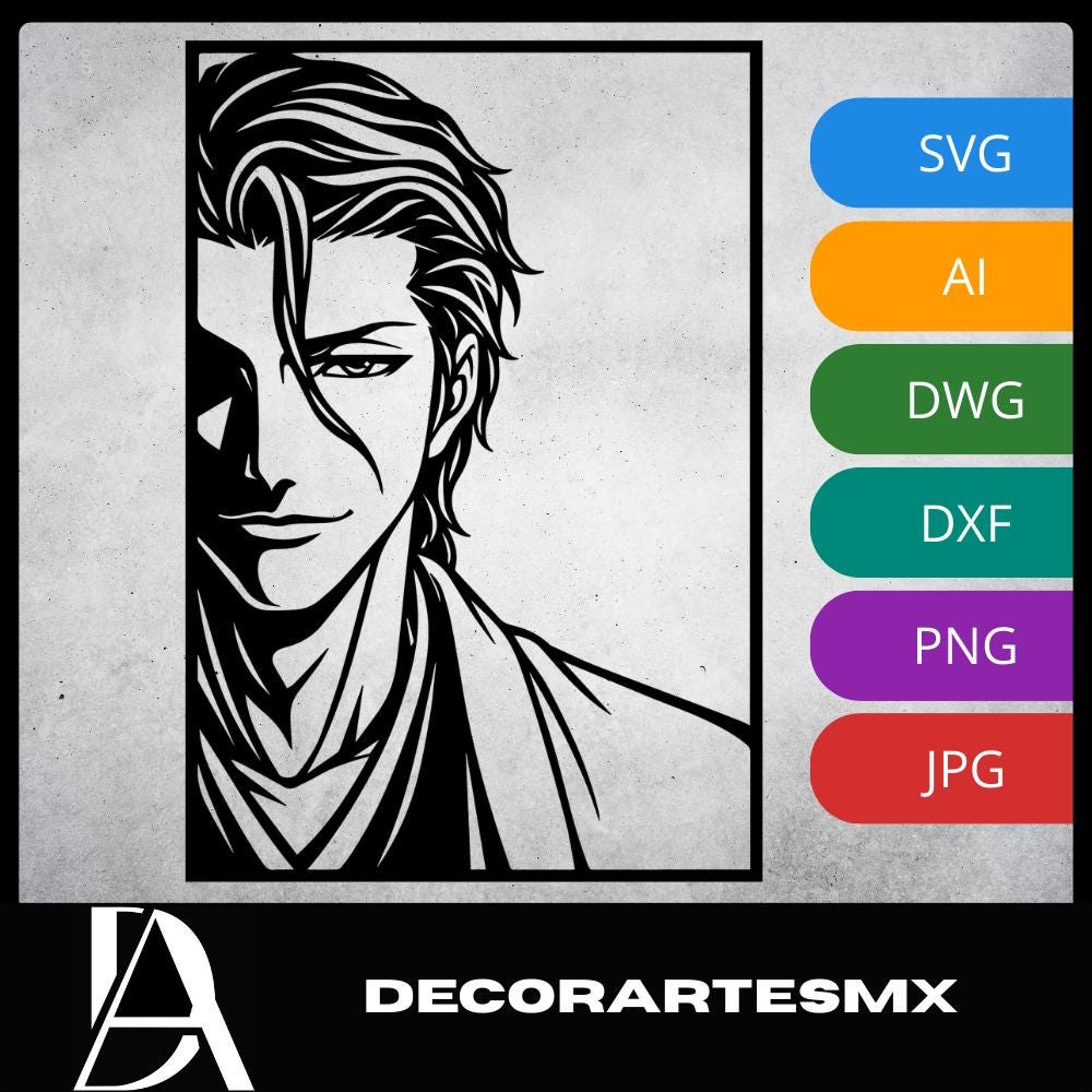 Laser Cut Anime Wall Art Decor – Sosuke Aizen | Flow-Line Art Black Frame | SVG AI DXF dwg Files
