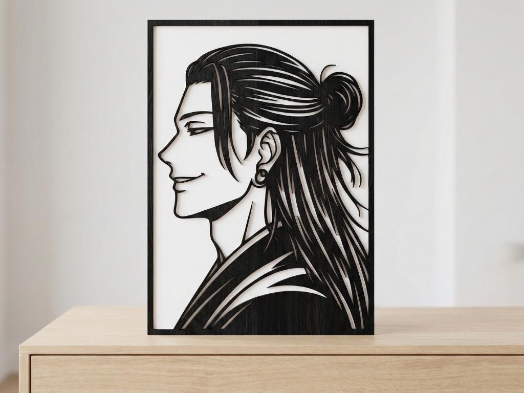 Laser Cut Anime Wall Art Decor – Suguru Geto | Flow-Line Art Black Frame | SVG AI DXF dwg Files