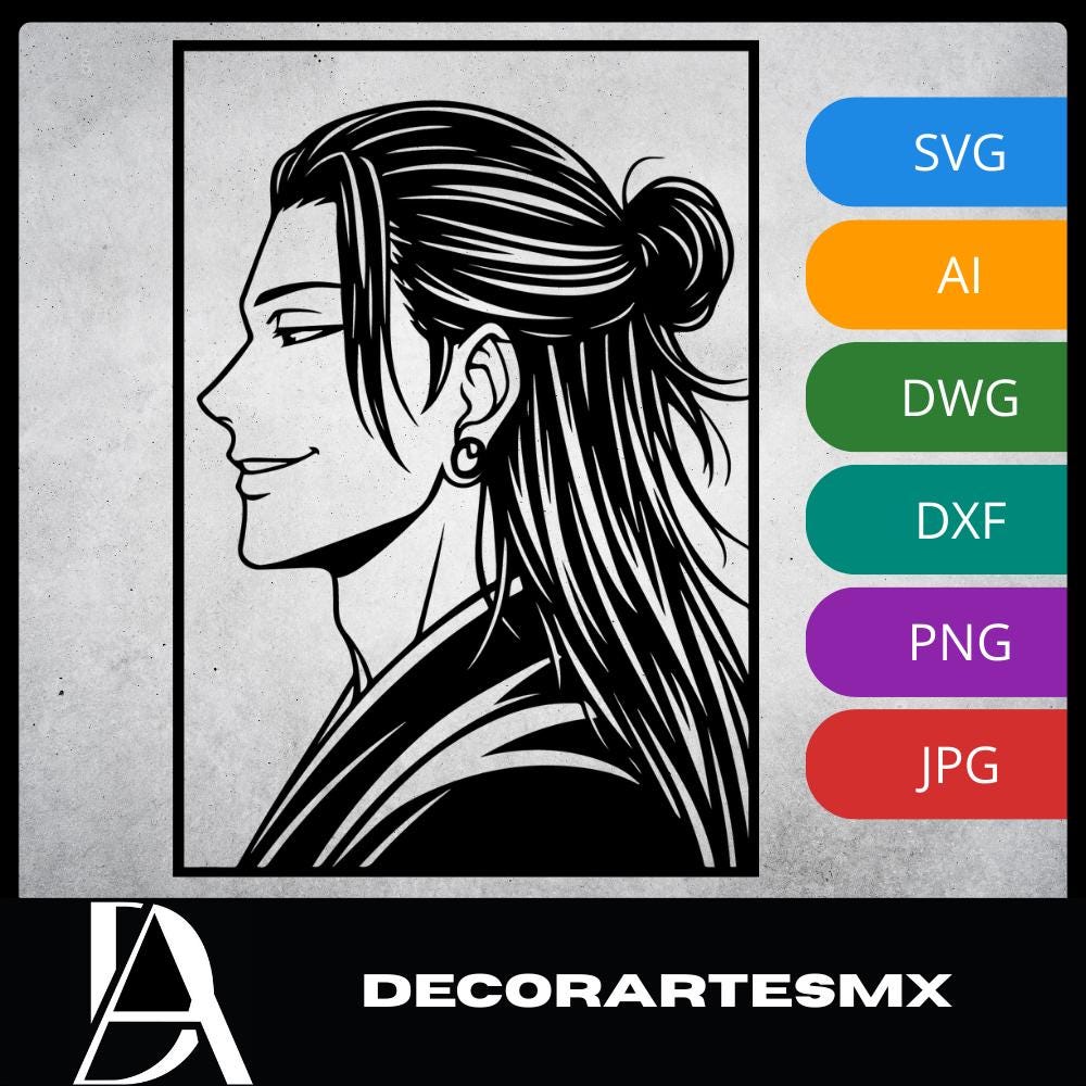 Laser Cut Anime Wall Art Decor – Suguru Geto | Flow-Line Art Black Frame | SVG AI DXF dwg Files