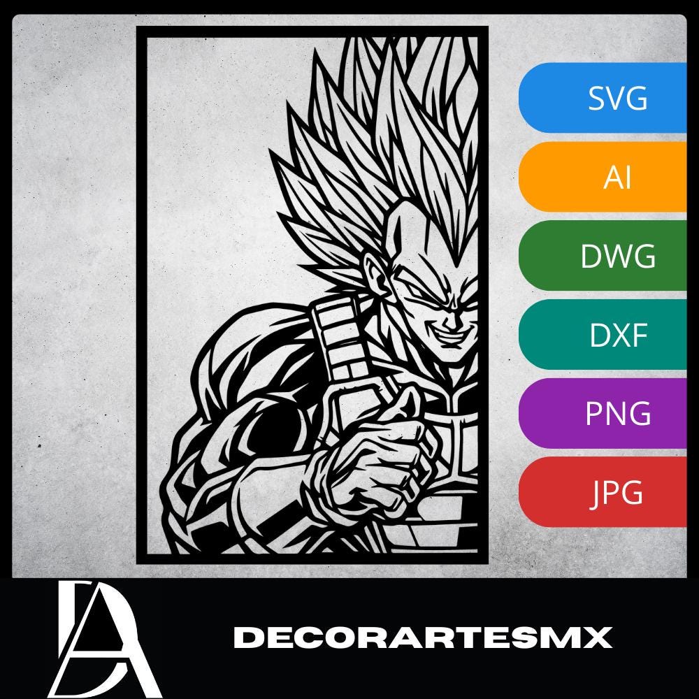 Laser Cut Anime Wall Art Decor – Super Vegeta | Flow-Line Art Black Frame | SVG AI DXF dwg Files