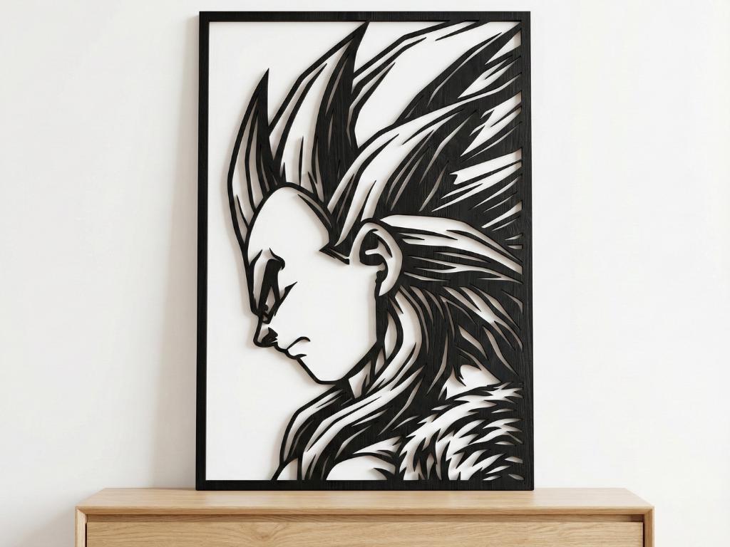 Laser Cut Anime Wall Art Decor – Vegeta SSJ4 | Flow-Line Art Black Frame | SVG AI DXF dwg Files