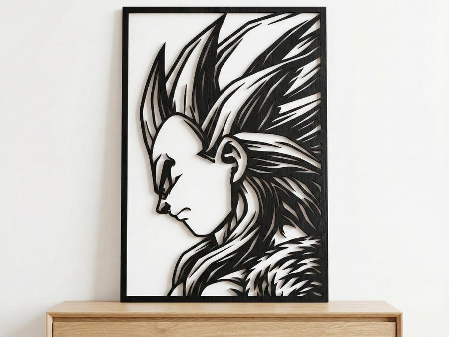 Arte Decorativo de Pared Anime para Corte Láser – Vegeta SSJ4 | Flow-Line Art con Marco Negro | Archivos SVG AI DXF DWG PNG JPG