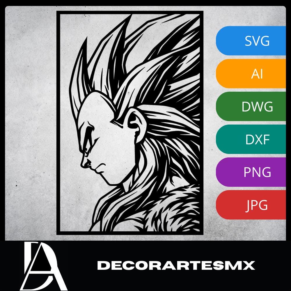 Laser Cut Anime Wall Art Decor – Vegeta SSJ4 | Flow-Line Art Black Frame | SVG AI DXF dwg Files