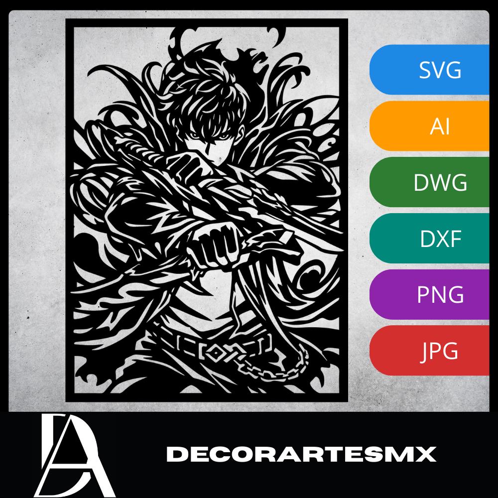 Laser Cut Anime Wall Art Decor – Sung Jin Woo 2 | Flow-Line Art Black Frame | SVG AI DXF dwg Files